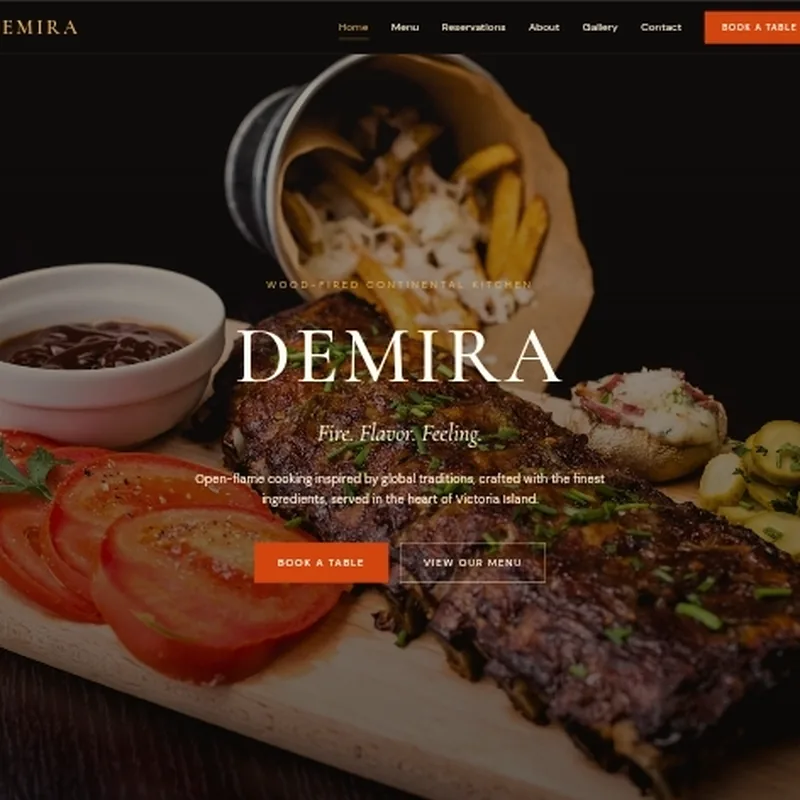 DEMIRA Restaurant website, wood-fired continental cuisine